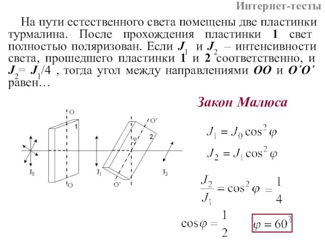 На пути естественного света помещены две пластинки турмалина. После прохождения пластинки 1