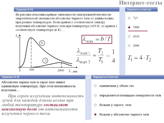 Интернет-тесты При сером излучении интенсивность лучей для каждой длины волны при любой