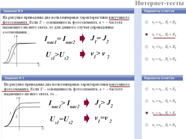 Интернет-тесты Iнас1= Iнас2 J1= J2 Uз1>Uз2 ν1> ν 2 Iнас1> Iнас2 J1> J2 Uз1=Uз2 ν1=ν 2