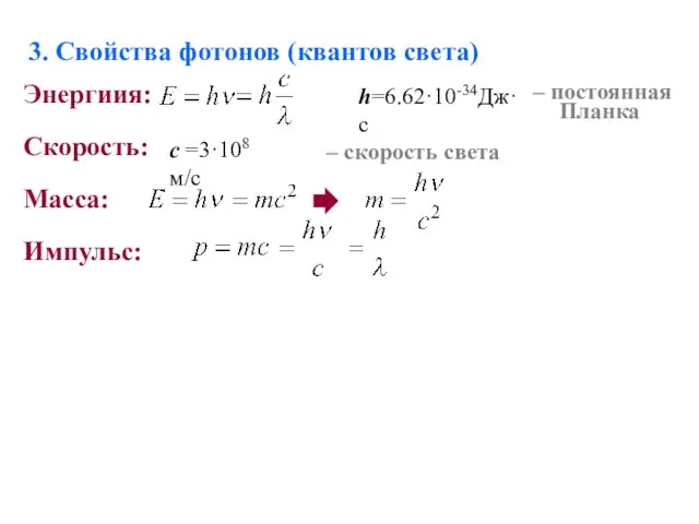 3. Свойства фотонов (квантов света) Энергиия: Масса: Скорость: Импульс: