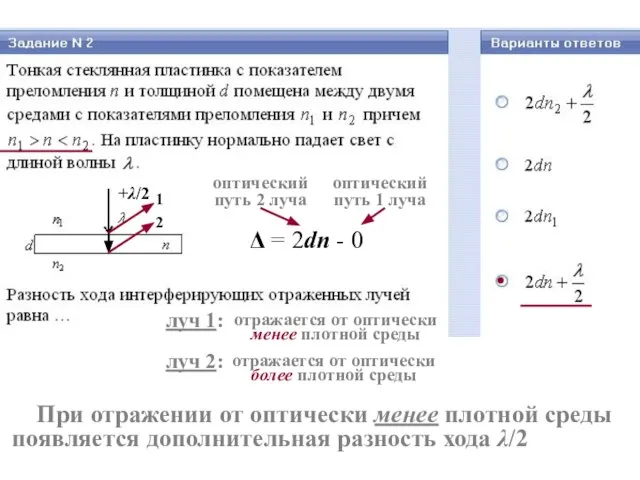 +λ/2 При отражении от оптически менее плотной среды появляется дополнительная разность хода