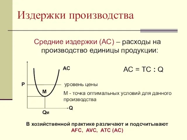 Издержки производства Средние издержки (АС) – расходы на производство единицы продукции: АС