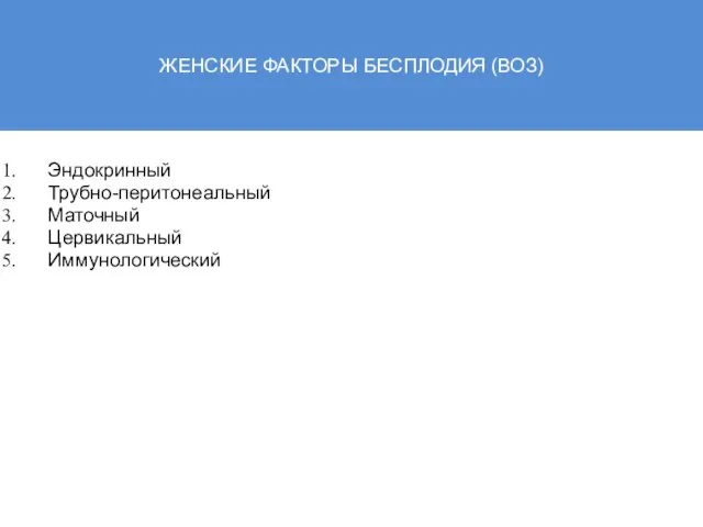 ЖЕНСКИЕ ФАКТОРЫ БЕСПЛОДИЯ (ВОЗ) Эндокринный Трубно-перитонеальный Маточный Цервикальный Иммунологический