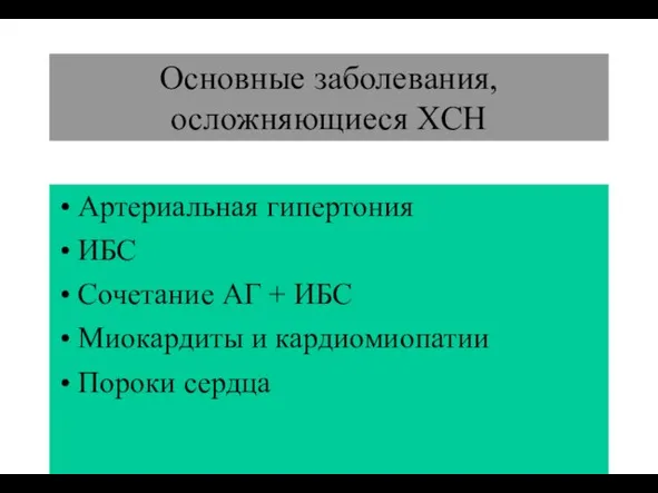 (По М.Фриду и С.Грайнсу (1996), Харрисону(1995) Основные заболевания, осложняющиеся ХСН Артериальная гипертония