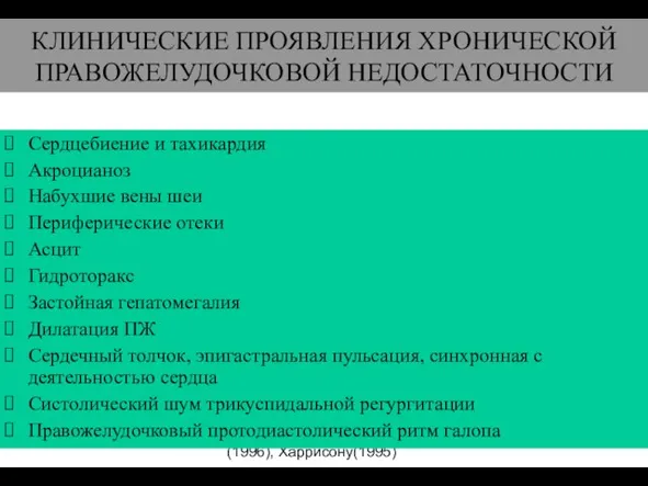 (По М.Фриду и С.Грайнсу (1996), Харрисону(1995) КЛИНИЧЕСКИЕ ПРОЯВЛЕНИЯ ХРОНИЧЕСКОЙ ПРАВОЖЕЛУДОЧКОВОЙ НЕДОСТАТОЧНОСТИ Сердцебиение