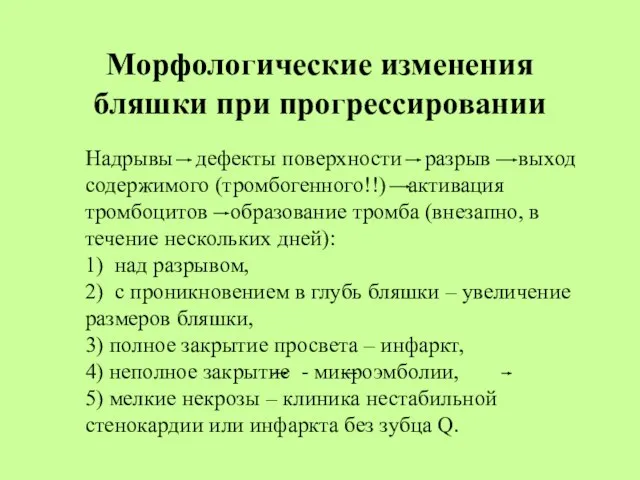 Морфологические изменения бляшки при прогрессировании Надрывы дефекты поверхности разрыв выход содержимого (тромбогенного!!)