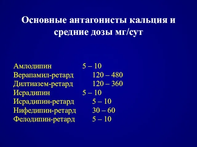 Основные антагонисты кальция и средние дозы мг/сут Амлодипин 5 – 10 Верапамил-ретард