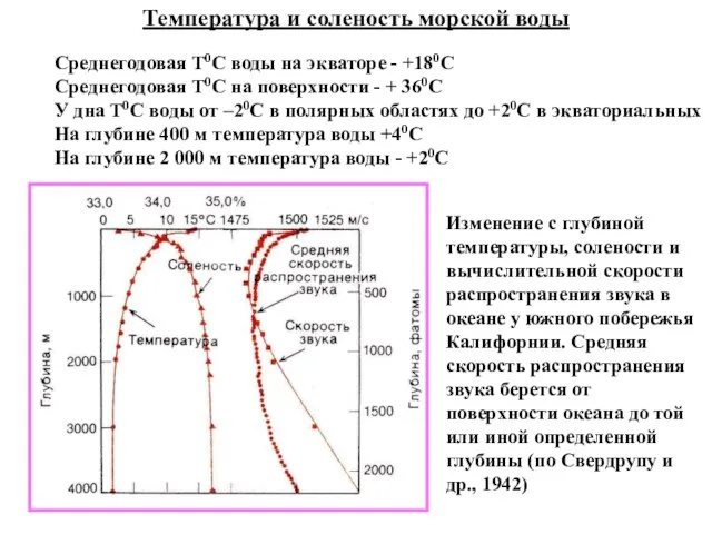 Температура и соленость морской воды Среднегодовая T0C воды на экваторе - +180С