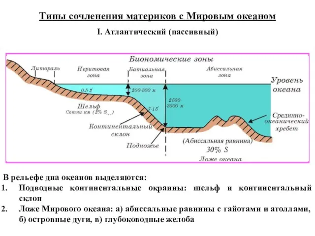 Типы сочленения материков с Мировым океаном I. Атлантический (пассивный) В рельефе дна