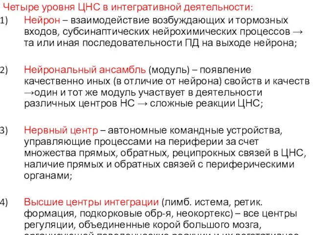 Четыре уровня ЦНС в интегративной деятельности: Нейрон – взаимодействие возбуждающих и тормозных