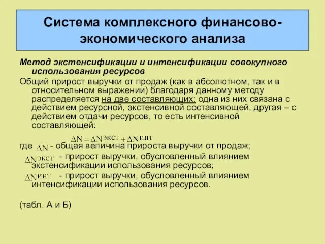 Система комплексного финансово-экономического анализа Метод экстенсификации и интенсификации совокупного использования ресурсов Общий