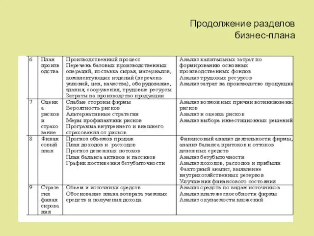 Продолжение разделов бизнес-плана