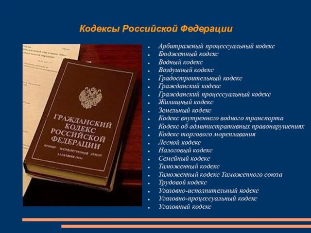 Кодексы Российской Федерации Арбитражный процессуальный кодекс Бюджетный кодекс Водный кодекс Воздушный кодекс