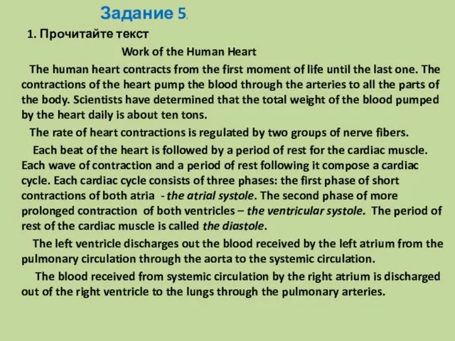 Задание 5. 1. Прочитайте текст Work of the Human Heart The human