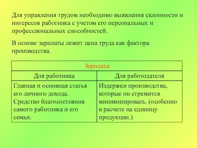 Для управления трудом необходимо выявления склонности и интересов работника с учетом его