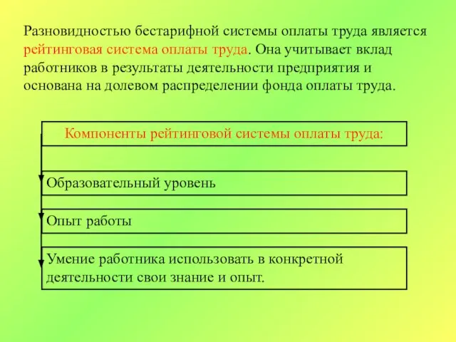 Разновидностью бестарифной системы оплаты труда является рейтинговая система оплаты труда. Она учитывает