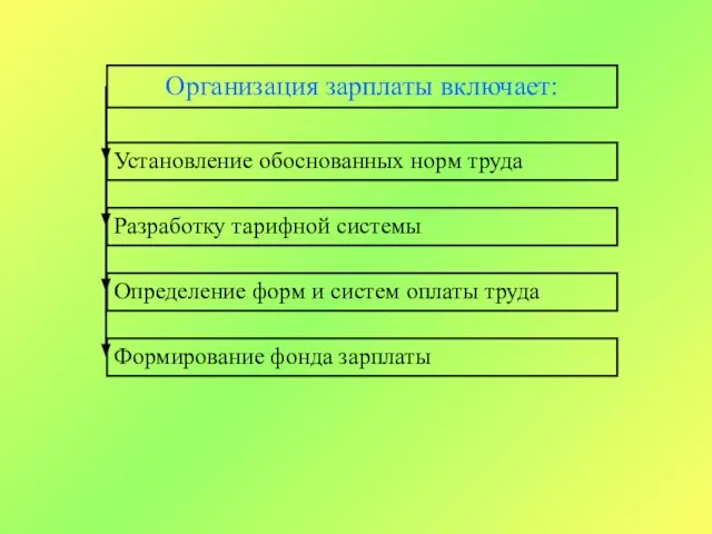 Организация зарплаты включает: Установление обоснованных норм труда Разработку тарифной системы Определение форм