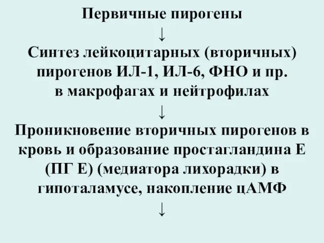 Первичные пирогены ↓ Синтез лейкоцитарных (вторичных) пирогенов ИЛ-1, ИЛ-6, ФНО и пр.