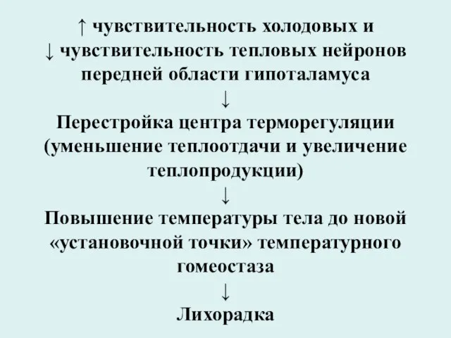 ↑ чувствительность холодовых и ↓ чувствительность тепловых нейронов передней области гипоталамуса ↓