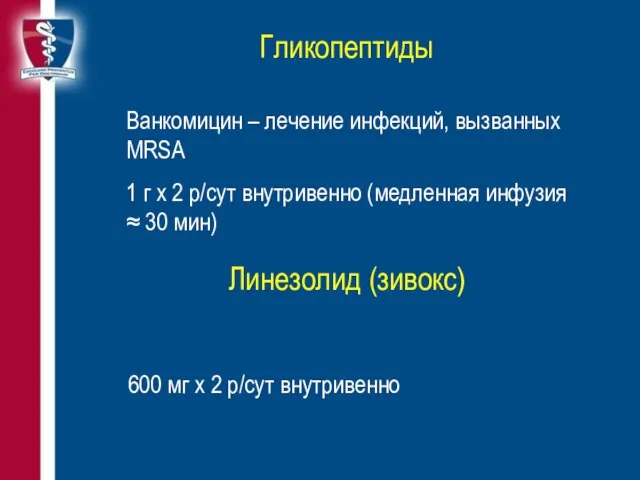 Гликопептиды Ванкомицин – лечение инфекций, вызванных MRSA 1 г х 2 р/сут