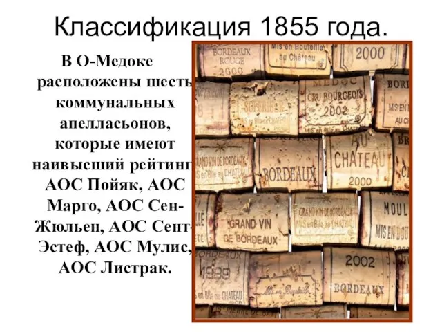 Классификация 1855 года. В О-Медоке расположены шесть коммунальных апелласьонов, которые имеют наивысший