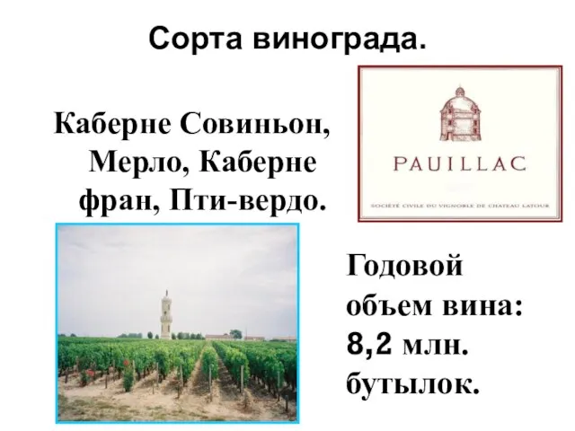 Сорта винограда. Каберне Совиньон, Мерло, Каберне фран, Пти-вердо. Годовой объем вина: 8,2 млн. бутылок.