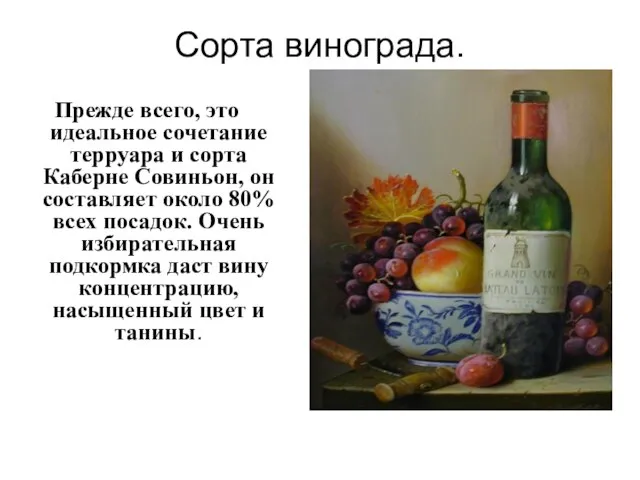 Сорта винограда. Прежде всего, это идеальное сочетание терруара и сорта Каберне Совиньон,