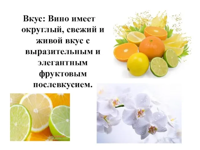 Вкус: Вино имеет округлый, свежий и живой вкус с выразительным и элегантным фруктовым послевкусием.