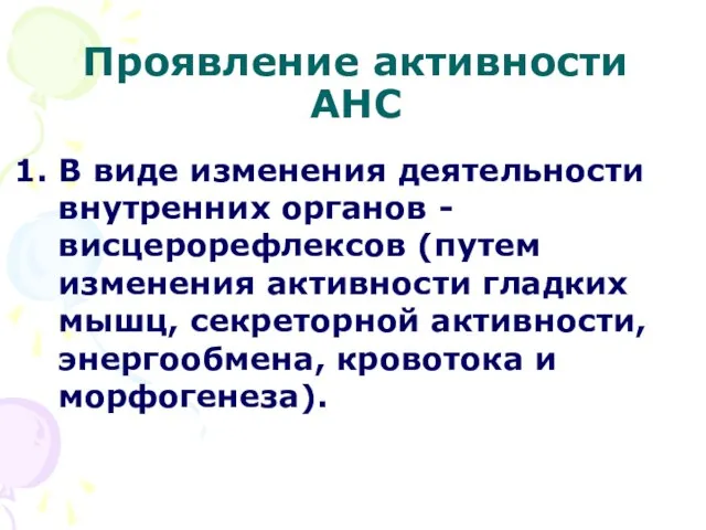 Проявление активности АНС В виде изменения деятельности внутренних органов - висцерорефлексов (путем