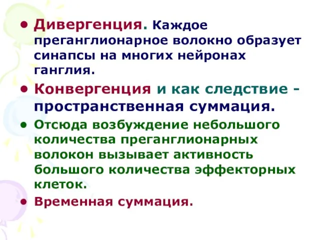 Дивергенция. Каждое преганглионарное волокно образует синапсы на многих нейронах ганглия. Конвергенция и