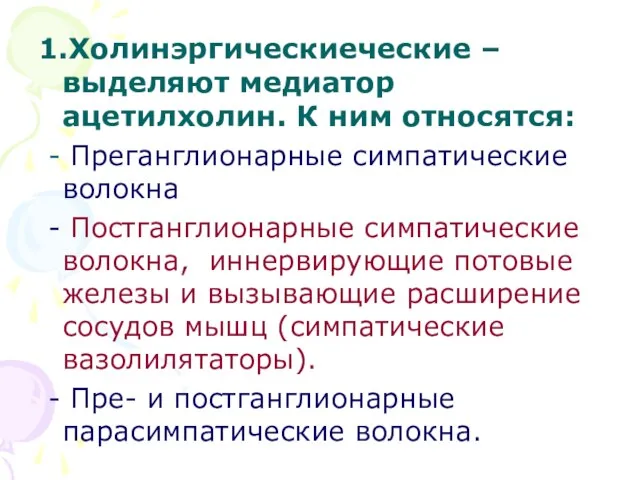 1.Холинэргическиеческие – выделяют медиатор ацетилхолин. К ним относятся: - Преганглионарные симпатические волокна