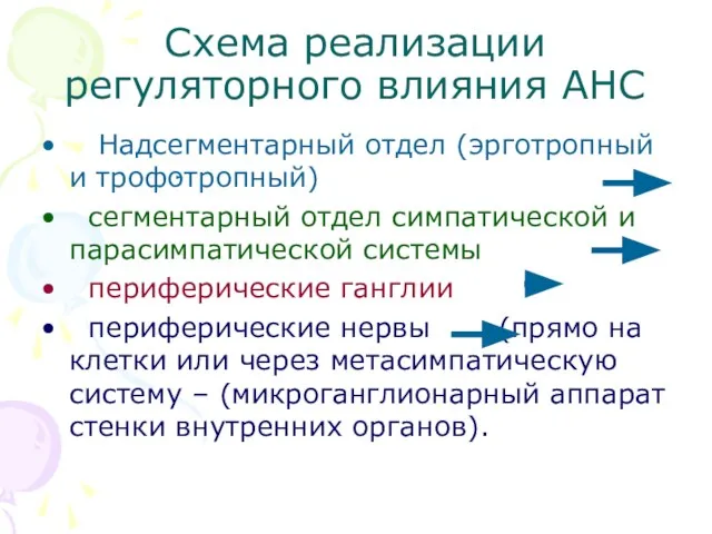 Схема реализации регуляторного влияния АНС Надсегментарный отдел (эрготропный и трофотропный) сегментарный отдел