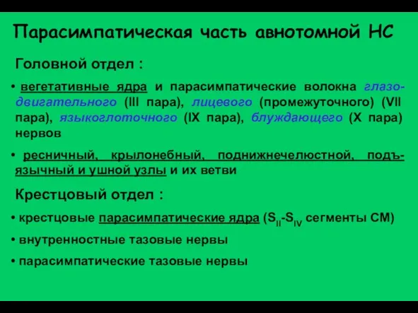 Парасимпатическая часть авнотомной НС Головной отдел : вегетативные ядра и парасимпатические волокна