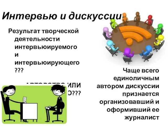 Интервью и дискуссии Результат творческой деятельности интервьюируемого и интервьюирующего??? АВТОРСТВО ИЛИ СОАВТОРСТВО???