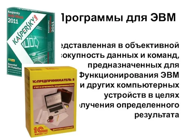 Программы для ЭВМ представленная в объективной форме совокупность данных и команд, предназначенных