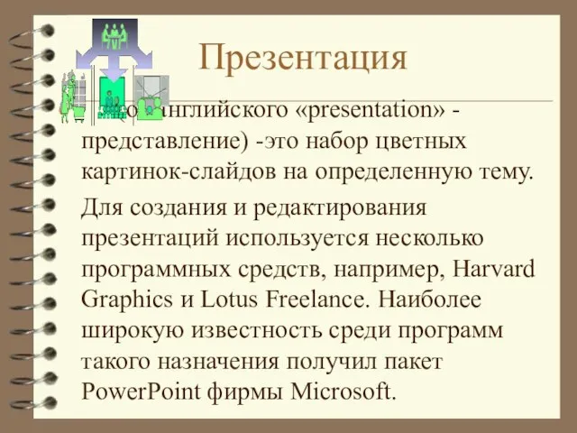 Презентация (от английского «presentation» - представление) -это набор цветных картинок-слайдов на определенную