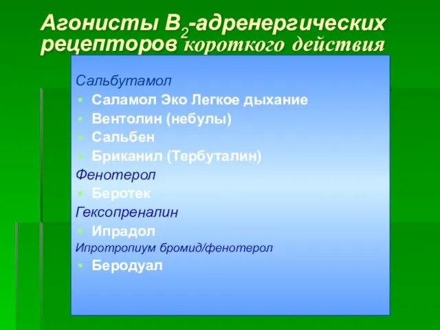 Агонисты В2-адренергических рецепторов короткого действия Сальбутамол Саламол Эко Легкое дыхание Вентолин (небулы)