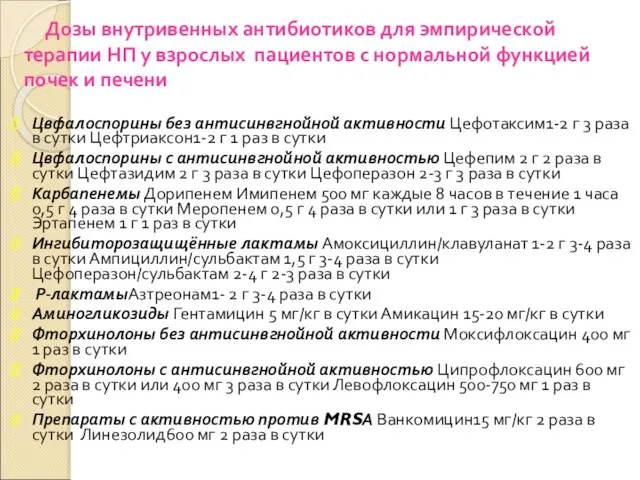 Дозы внутривенных антибиотиков для эмпирической терапии НП у взрослых пациентов с нормальной