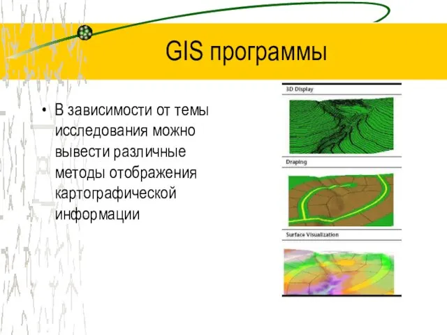 GIS программы В зависимости от темы исследования можно вывести различные методы отображения картографической информации