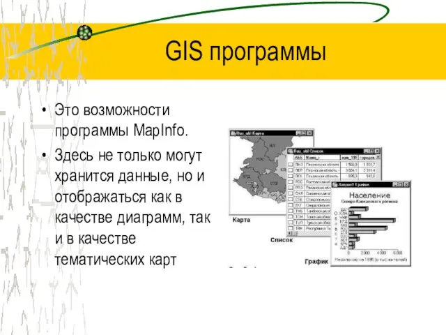 GIS программы Это возможности программы MapInfo. Здесь не только могут хранится данные,