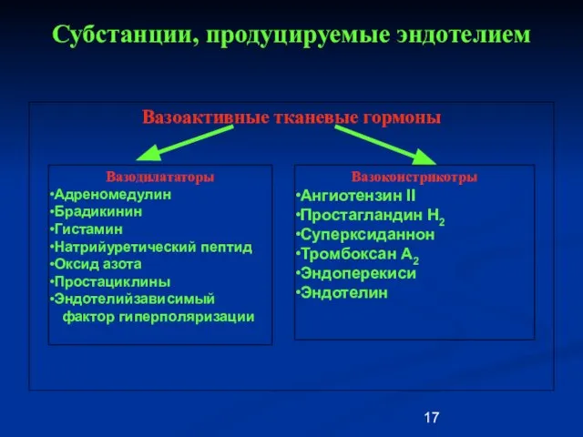 Субстанции, продуцируемые эндотелием Вазоактивные тканевые гормоны Вазодилататоры Адреномедулин Брадикинин Гистамин Натрийуретический пептид