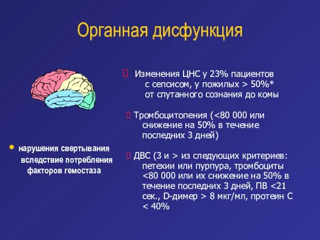 Органная дисфункция Изменения ЦНС у 23% пациентов с сепсисом, у пожилых >