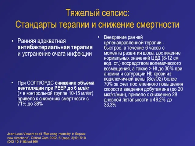 Тяжелый сепсис: Стандарты терапии и снижение смертности Ранняя адекватная антибактериальная терапия и