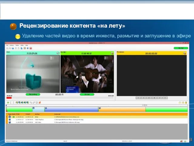 Цензура: MEDIACENSOR Рецензирование контента «на лету» Удаление частей видео в время инжеста,