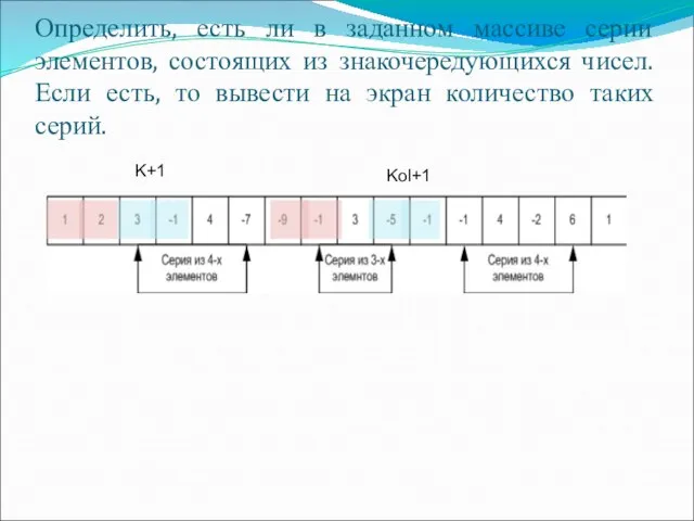 Определить, есть ли в заданном массиве серии элементов, состоящих из знакочередующихся чисел.