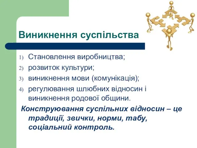 Виникнення суспільства Становлення виробництва; розвиток культури; виникнення мови (комунікація); регулювання шлюбних відносин