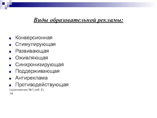 Виды образовательной рекламы: Конверсионная Стимулирующая Развивающая Оживляющая Синхронизирующая Поддерживающая Антиреклама Противодействующая (приложение №1;таб. 2) 14