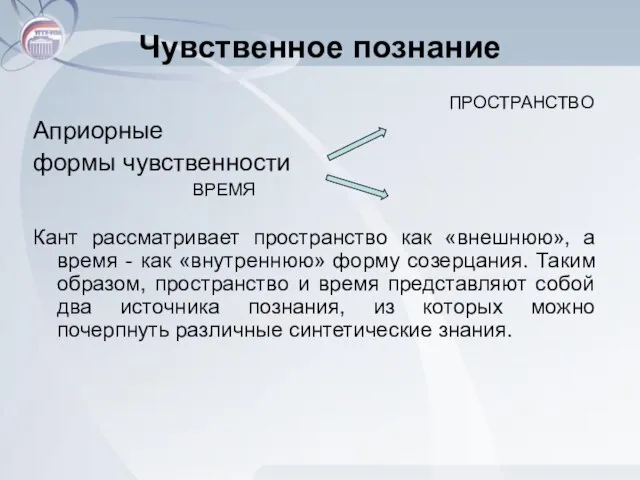 Чувственное познание ПРОСТРАНСТВО Априорные формы чувственности ВРЕМЯ Кант рассматривает пространство как «внешнюю»,