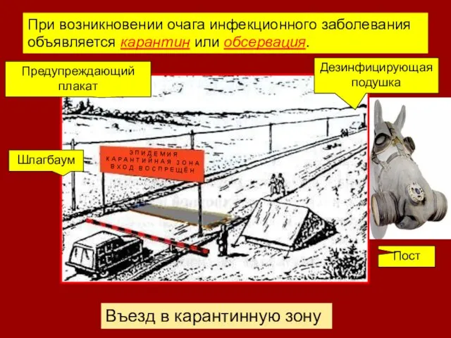 При возникновении очага инфекционного заболевания объявляется карантин или обсервация. Въезд в карантинную зону