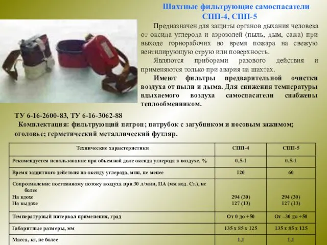 Шахтные фильтрующие самоспасатели СПП-4, СПП-5 Предназначен для защиты органов дыхания человека от